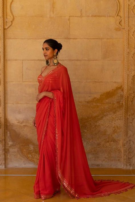 Mirror Saree, Arpita Mehta, Lehenga Style Saree, Mirror Work Saree, Mirror Border, Saree Georgette, Scoop Neck Blouse, South Silk Sarees, Wedding Saree Collection