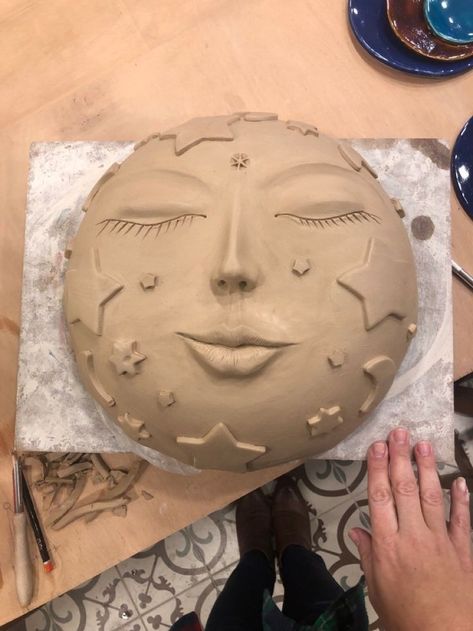 Mask Clay Art, Ceramic Final Project Ideas, Ceramics Mask Ideas, Clay Mask Ceramics, Ceramic Moon Face, Clay Mask Ideas Art Ceramic Sculptures, Face Jugs Pottery Cute, Clay Self Portraits, Ceramic Masks Ideas Faces