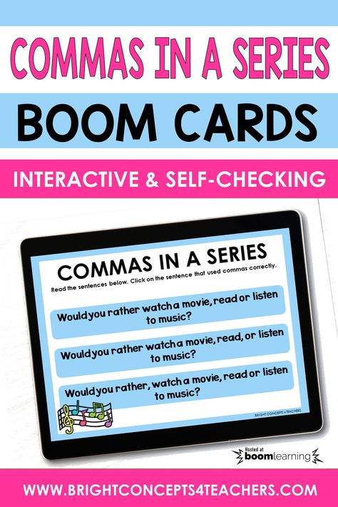 Help your students learn to use commas, when listing a series of items in a sentence, with this set of digital BOOM Cards. These digital task cards will give students much needed practice using commas appropriately when listing items in a sentence. The best part is that these digital questions are self-checking and provide immediate feedback to you and your students. Commas In A Series Activities, Comma Activities, Using Commas, Commas In A Series, Teacher Freebies, Arts Ideas, Australian Curriculum, A Sentence, English Writing