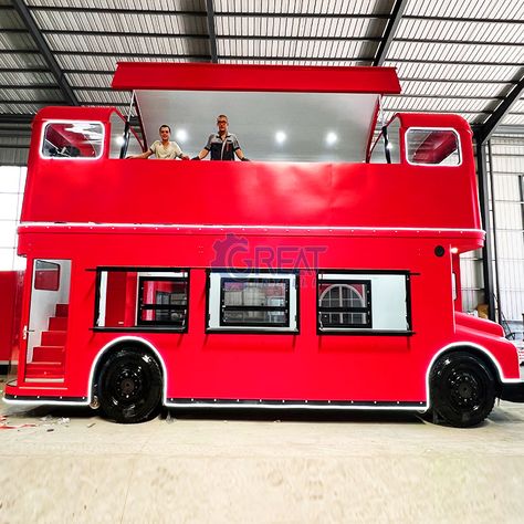 Double Decker Food Truck, Food Truck With Seating, Volkswagen Food Truck, Coffee Shop Kiosk, Kitchen On Wheels, Modern Lunch Boxes, Lunch Truck, Pink Restaurant, Truck Restaurant