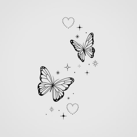 Hearts And Butterfly Nails, Butterfly With Sparkles Tattoo Design, Butterfly Tattoo With Sparkles, Butterfly Tatoos Woman, Butterfly With Heart Tattoo, Butterfly With Sparkles Tattoo, Small Tattoo Ideas For Women Unique, Two Butterflies Tattoo, Cute Fine Line Tattoos