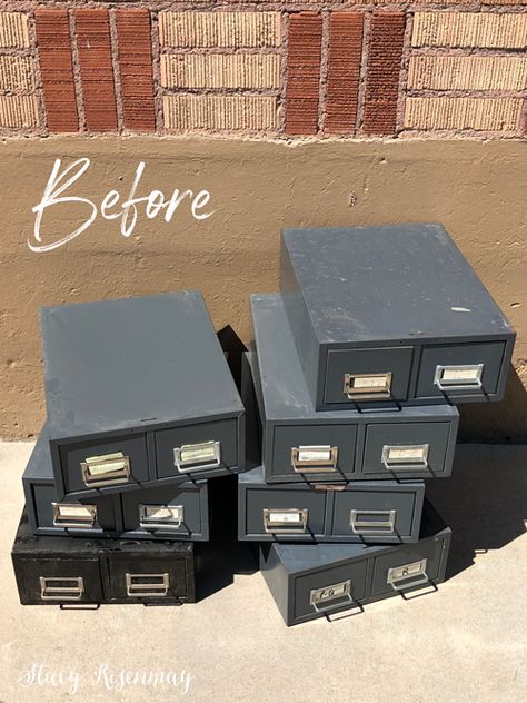 Metal Card Catalog Makeover! #yellow #mustard #cardcatalog #diy #furniture #metalcardcatalog #makeover #cardcatalogpainted #paint #mustardyellow Vintage Metal Card Catalog, Card Catalog Drawers Repurposed, Metal Card Catalog Repurposed, Vintage Metal Cabinet Makeover, File Cabinet Drawers Upcycle, Metal Drawers Repurposed, Wood Filing Cabinet Makeover, Old Filing Cabinet Ideas, Repurpose File Cabinets Ideas