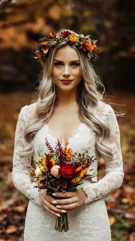 77 Fall Wedding Hairstyles 2024: Perfect Looks for Brides, Bridesmaids, and Guests Fall Bridal Flower Crown, Wedding Hair Flower Crown Veil, Autumn Wedding Hair Flowers, Bride Hair With Flower Crown, Autumnal Flower Crown, Boho Bridal Hair Flower Crown, Wedding Hairstyles Half Up Half Down With Flower Crown, Fall Bridal Hairstyles, Fall Wedding Hairstyles For Bride