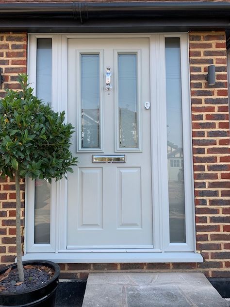 Sage Green Front Door With Side Panels, Double Glazed Front Door, Sage Green Composite Front Door, Double Glazing Ideas, Composite Door Ideas, Front Door Composite, Painswick Front Door, Glazed Front Door, Solidor Painswick