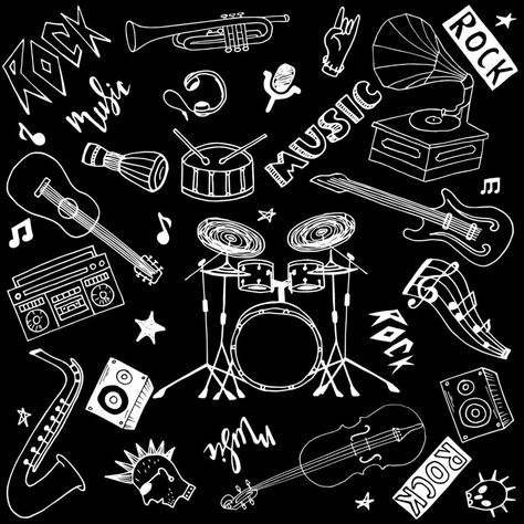 conjunto de tema de música pop y rock dibujado a mano aislado sobre fondo negro, conjunto de doodle de tema de instrumentos musicales. Rock Doodles, Band Drawing, Rock Background, Music Background, Music Illustration, Hello Kitty Halloween, Music Backgrounds, Rock Posters, Anime Girlxgirl