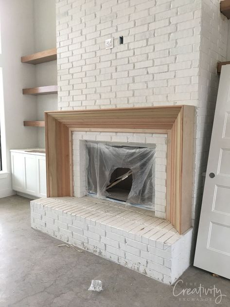 Client Project Updates: Back From Long Break Fireplace With Doors On Both Sides, French Country Fireplace Mantels, Brick Hearth Makeover, Fireplace Raised Off Floor, New Construction Fireplace Ideas, Walk Around Fireplace, Removing Brick From Fireplace, Modernize Brick Fireplace, Mantle Over Brick Fireplace