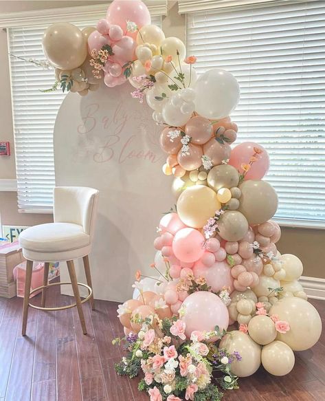 Bridal Shower Decor Balloons, Flower Arch With Balloons, Baby In Bloom Balloon Backdrop, Christening Backdrop Girl, Pastel Balloon Decor, Flowery Baby Shower Theme, Love In Bloom Backdrop, Baby Im Bloom Baby Shower Theme, Girl Babyshower Themes