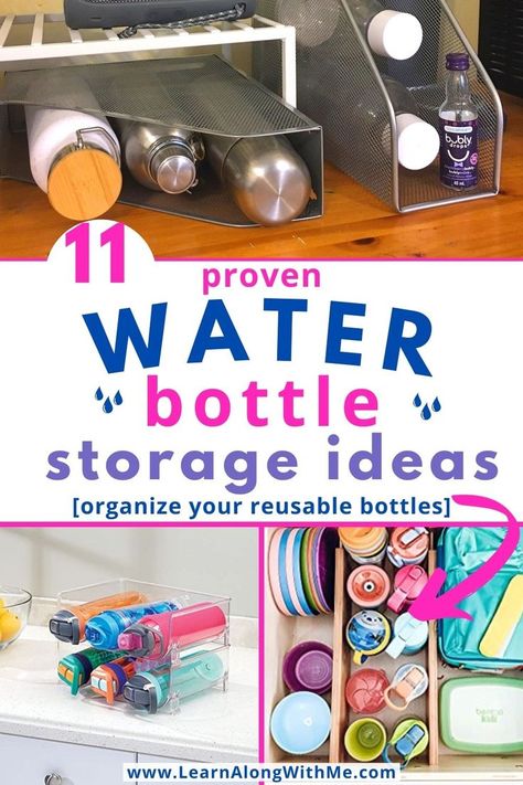 Water bottles falling out of your cabinets? These water bottle storage ideas will help.

There are 11 ideas to help you organize your reusable bottles like water bottles and travel mugs.

There are countertop organizing options, cabinet organizers, drawer organizers, and more.

Plus, a few clever ways to repurpose other organizers and use them for water bottles.

#waterbottlestorageideas  #waterbottleorganization #travelmugstorageideas  #waterbottlestorage  #travelmugstorage Water Bottle Storage Shelf, Water Bottle Storage Hack, Travel Mug Storage Ideas, Water Bottles Storage Ideas, Water Bottle Cabinet Storage, Organizing Water Bottles In Cabinet, Diy Bottle Organizer, How To Organize Water Bottles In Pantry, Reusable Water Bottle Storage