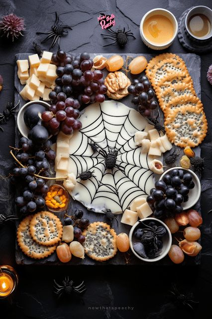 Halloween Vegan Charcuterie Board, Halloween Party Catering Ideas, Best Food For Parties, Spooky Food Board Ideas, Halloween Food Serving Ideas, Halloween Crudite Platter, Halloween Hosting Food, Halloween High Tea Party, Classy Halloween Food Ideas