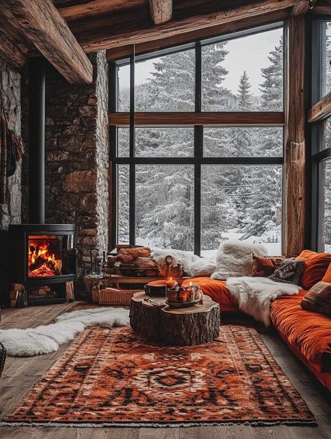 Firewood Next To Fireplace, Cozy Winter Cabin Aesthetic, Winter Cabin Aesthetic, Mountains Cabin, Cozy Winter Cabin, Cabin Living Room, Cabin Aesthetic, Home Snow, Winter Instagram