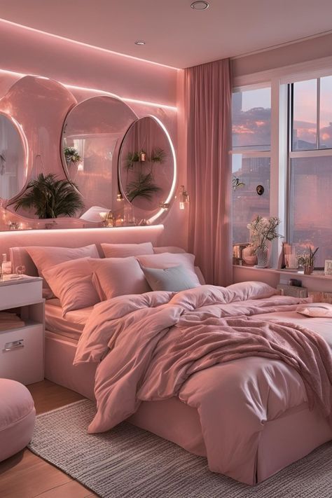 Pink Light Bedroom, Pink Girly Bedroom Aesthetic, Pink Room Ideas Bedrooms, Pink Bedframe Room Ideas, Room Makeover Ideas Aesthetic, Baddie Aesthetic Bedroom Ideas, Nude Bedroom Ideas, Baddie Room Ideas Bedrooms, Pink Theme Room