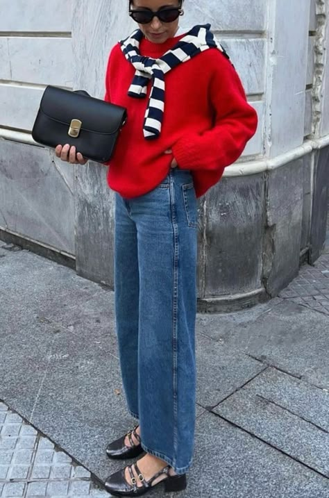 Paris Fall Outfits, Vinter Mode Outfits, Red Sweater Outfit, Ballet Flats Outfit, Jumper Outfit, Skandinavian Fashion, Europe Outfits, Flats Outfit, Outfit Jeans