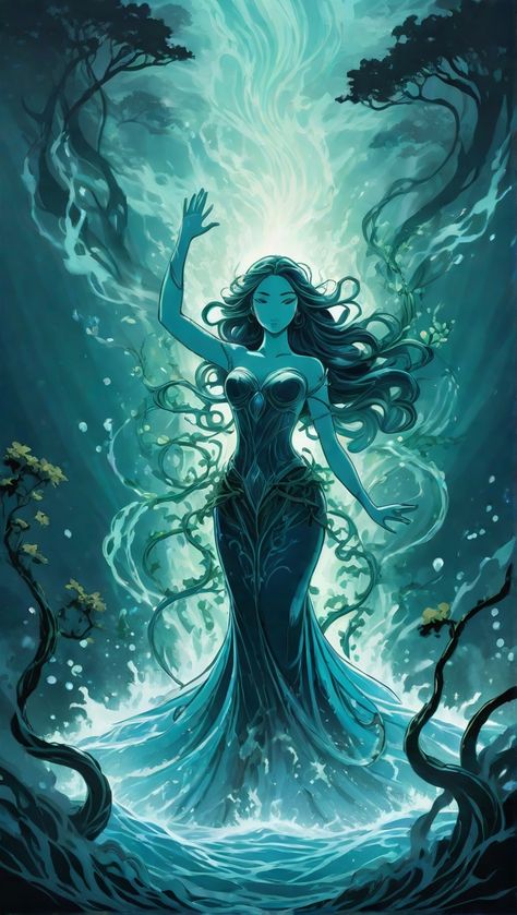 Elemental Goddess Art, God Of Nature Art, Siren Digital Art, Water Queen Art, Water Spirit Aesthetic, Amphitrite Goddess Art, Water Woman Art, Elements As Humans, Water Elemental Character Design