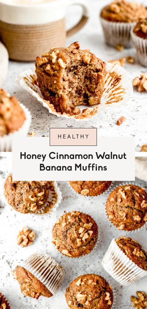 The ultimate healthy banana muffins are incredibly moist, dairy free and naturally sweetened with just ripe bananas and honey. This easy, healthy banana muffin recipe comes together in one bowl in just 30 minutes with options to add a delicious crunch from heart-healthy walnuts! The perfect healthy breakfast or snack that's freezer-friendly, too. #muffins #banana #bananamuffins #baking #healthysnack #breakfast #dairyfree #walnuts Muffins Freezer Friendly, Dairy Free Banana Muffins, Banana Muffin Recipe Healthy, Muffins Banana, Healthy Banana Muffins, Banana Muffin, Perfect Healthy Breakfast, Healthy Honey, Ambitious Kitchen