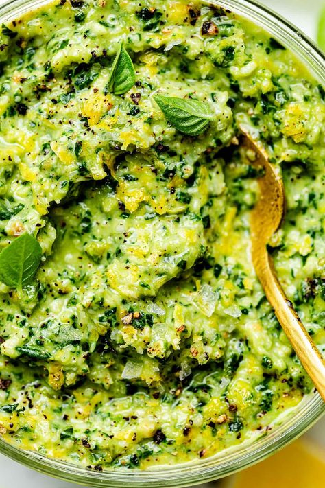 This simple Lemon Basil Pesto Sauce will be your new go-to homemade pesto recipe. It's a classic Genovese-style pesto made with basil, pine nuts, parmesan cheese, & extra-virgin olive oil, but its richness is balanced with the brightness of fresh lemon zest & juice. Made with 6 ingredients & ready in 5 minutes or less thanks to a food processor, this simple pesto is perfect for everything from pasta to pizza! Easily Vegetarian & Vegan. #pesto #pestosauce #basilpesto #basilrecipes #basilpesto Cottage Cheese Bake, Spinach Lasagna Roll Ups, Spinach Cottage Cheese, Lemon Basil Pesto, Pesto Lasagna, Homemade Pesto Recipe, Spinach Lasagna Rolls, Pesto Recipes, Basil Pesto Sauce