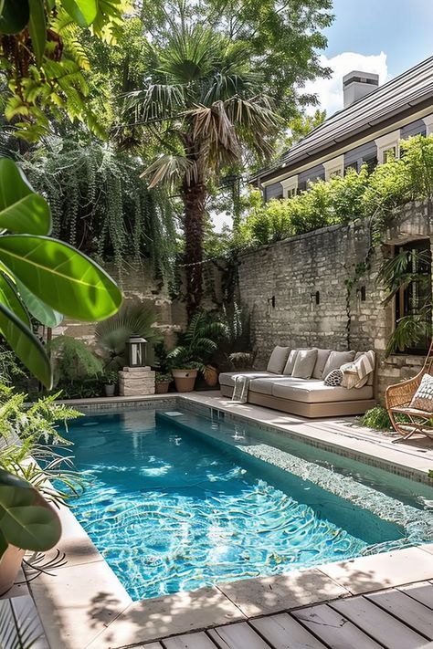 A tranquil backyard pool surrounded by lush greenery, with a comfortable outdoor sofa and chairs arranged on the patio. Swimming Pool In Small Backyard, Splash Pools Backyard, Pool In Small Backyard, La Backyard, Contemporary Pools, Small Pool Design Ideas, Swimming Pools Backyard Inground, Art Deco Pool, Small Pools Backyard