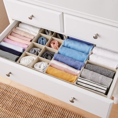 28� x 14� Linen Drawer Organization Solution, The Container Store ($60) Dresser Top Organization Ideas, Dresser Top Organization, Clothes Drawer Organization, Fold Clothes, Dresser Drawer Organization, Folded Clothes, Closet Organizer With Drawers, Clothes Drawer, Wardrobe Organisation