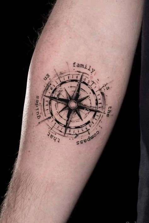 Abstract Compass Tattoo Design, Mens Abstract Tattoo, Men’s Abstract Tattoo, Small Tattoo Ideas For Men Arm, Tattoo Fill In Ideas, Tattoo Ideas For Men Simple, Small Meaningful Tattoos For Men, Tattoo For Men Arm, Concept Tattoo Design