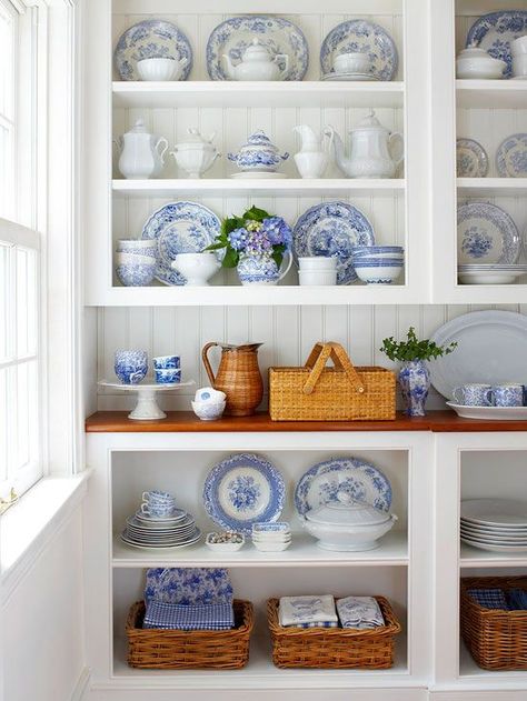 Create Display Space                                    Use open shelving throughout the house to store and display collectibles. In addition to adding storage, the airy shelves can also make a small room feel larger Blue And White Dishes, Mini Loft, Dish Display, Budget Remodel, Blue And White Decor, Blue White Decor, White Dishes, Butler's Pantry, Blue And White China