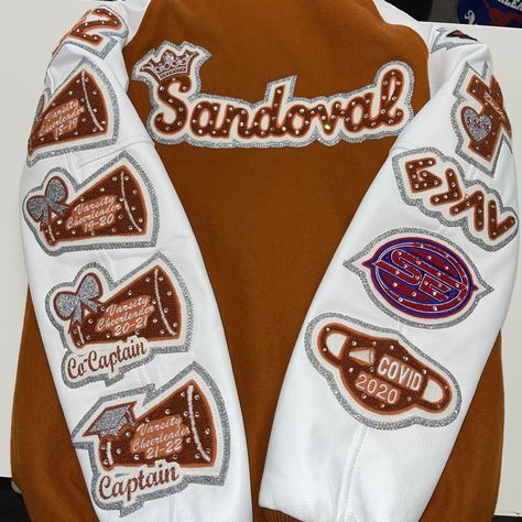 Follow us on IG @somethingstocheerabout to place your order we ship! Cheer letterman jacket rhinestones cheer Letter Jackets Ideas High Schools, Cheer Captain Letterman Jacket, Letterman Jacket Bible Verse, Letterman Jacket Cheerleader, Cheerleading Letterman Jackets, Varsity Jacket Custom, Highschool Varsity Jacket, Highschool Letterman Jacket, Bedazzled Letterman Jacket