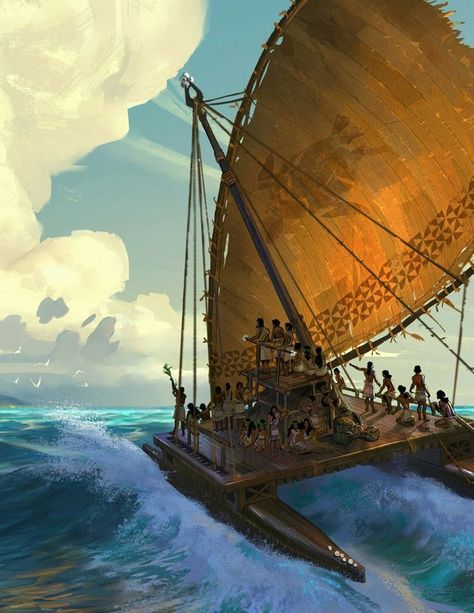 Moana Concept Art, Moana Boat, Polynesian Village, Boat Drawing, Outrigger Canoe, Sailing Art, Polynesian Art, Polynesian Culture, Fantasy Landscape