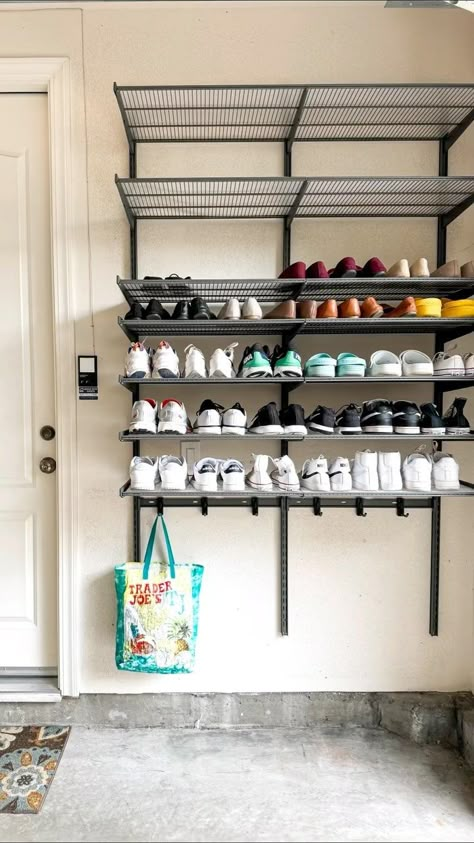 The Container Store | Shoe piles and bag tangles, BE GONE! 👋🛠️💙 Create a garage mudroom that’s all about smart storage and stylish organization with the help of... | Instagram Garage Mudroom And Gym, Garage Door Organization Ideas, Sports Closet Organization, Garage Tidy Ideas, Home Edit Garage Organization, Cellar Organization Ideas, Garage Storage Kids Stuff, Garage Organization Aesthetic, Mudroom Shoe Organization