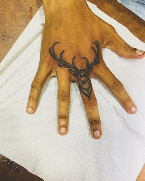 Mens Antler Tattoo, Dear Tattoo On Hand, Deer Tattoo Hand, Stag Hand Tattoo, Dear Tattoo Men, Dear Antlers Tattoo, Tattoos For Hunters, Deer Skull Hand Tattoo, Deer Tattoos Men