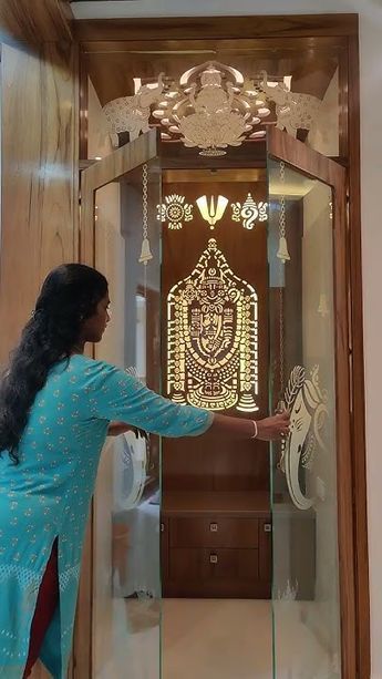 Venkateswara Swamy Pooja Room, Pooja Room With Window Behind, God Room Glass Door Designs, Puja Doors Modern, Pooja Room South Indian Style, God Room Interior Design, Interior Design For Pooja Room, Pooja Mandir Cnc Design, Pooja Room With Glass Walls