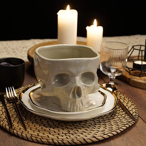 "Really lean into that creepy, scary, haunted vibe this year." Well well. what a glittering assemblage.. Perfect goth and alt home furnishings and decor 🕸️🕸️ #HalloweenForever Skull Bowl, Gothic Statue, Family Bar, Food Candy, Kitchen Christmas Gifts, Skeleton Head, Food Ornaments, Halloween Tableware, Halloween Kitchen