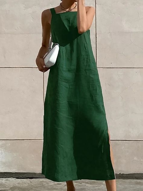 Maxi Dresses Outfit Ideas August, Look Boho Chic, Mid Dress, Long Green Dress, Sleeveless Linen Dress, Midi Sundress, Women's Street Style, Split Dress, Tea Length Dresses