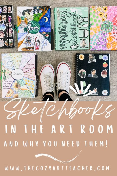 Thinking about incorporating student sketchbooks in your middle and high school art classroom? Click here to find out the many benefits and ways in which I use them to help improve my students' drawing skills. Sketchbook Ideas For Middle School, Middle School Sketchbooks, Middle School Art Bell Ringers, Middle School Sketchbook Ideas, High School Sketchbook Prompts, Teaching Middle School Art, Sketchbook Assignments Middle School, Drawing Projects For High School, Art Teacher High School