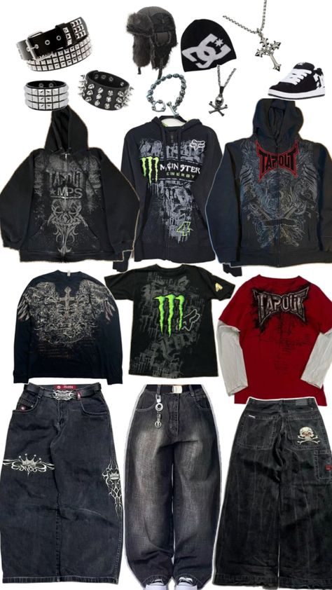 Affliction skater jnco tapout monster fits Skater Fits, Affliction Clothing, Baggy Outfit Ideas, Street Style Outfits Casual, Punk Style Outfits, Silly Clothes, Trashy Outfits, Funky Outfits, Outfit Inspo Casual