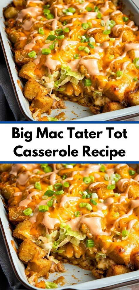 Enjoy a tasty and unique dish with this Big Mac tater tot casserole recipe. Cheesy, savory, and satisfying. Slow Cooker Mexican Tater Tot Casserole, Big Mac Casserole, Mexican Tater Tot Casserole, Cheesy Tater Tot Casserole, Tot Recipes, Chicken Tater Tot Casserole, Tater Tot Casserole Recipe, Mexican Favorites, Casseroles Recipes