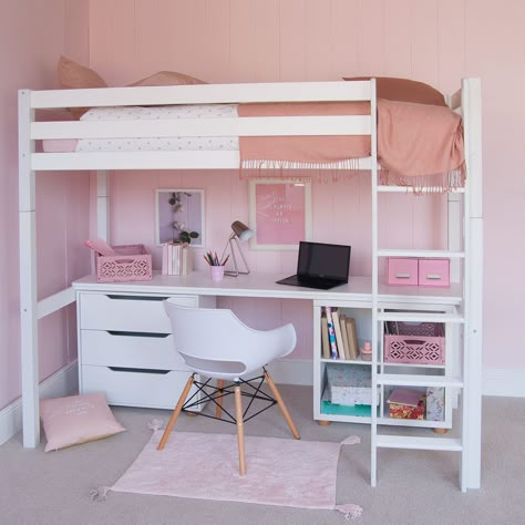 High sleeper Heaven - Bunk beds with furniture underneath | Little Folks Furniture Bed With Desk Underneath, Girls Loft Bed, White Loft Bed, Bed For Girls Room, High Sleeper Bed, Bunk Bed With Desk, High Sleeper, Loft Bed Frame, Storage Bookcase