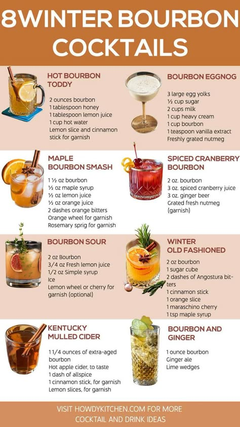 A colorful image displaying 8 popular Winter Bourbon Cocktails, featuring recipes like Hot Bourbon Toddy, Maple Bourbon Smash, and Spiced Cranberry Bourbon. Ideal for showcasing cozy and festive winter cocktail ideas using bourbon. Bourbon Cocktail Winter, Easy Winter Cocktails, Whiskey Cocktails Easy, Whiskey Drinks Recipes, Bourbon Cocktail Recipe, Bourbon Recipes, Fun Drinks Alcohol, Bourbon Cocktail, Winter Drink