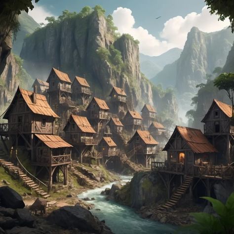 Mountainous mining town in the jungle. medieval fant... Fantasy Town, Mining Town, Book World, Deep Woods, Fantasy Theme, In The Jungle, Fantasy Book, Medieval Town, New Game