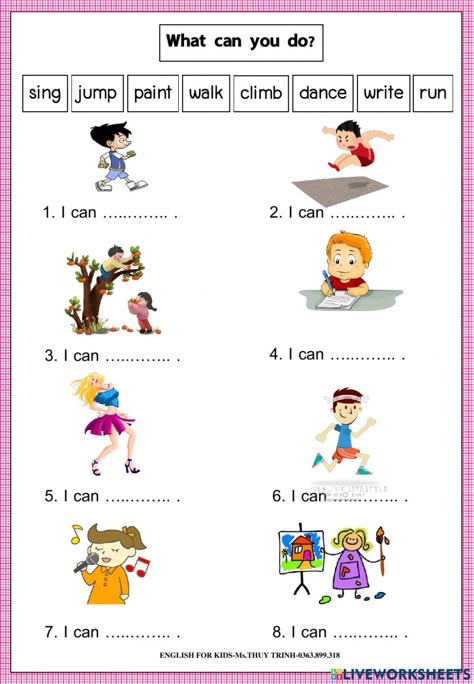 Kindergarten Grammar Activities, Kg3 Worksheets English, I Can Activities For Kindergarten, Kg3 English Worksheets, Kindergarten English Lessons, I Can Worksheet For Kids, Preschool English Worksheet, Verbs Worksheet For Kindergarten, Kg2 English Worksheets