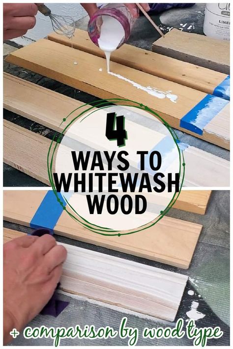 how to whitewash wood on different types and colors of wood Whitewashed Pine Furniture, White Washing Furniture, Whitewashing Cabinets, How To White Wash Cabinets, White Wash Over Dark Stain, White Wash On Pine Wood, White Wash With Colored Paint, How To Whitewash Furniture, Whitewash Golden Oak Cabinets