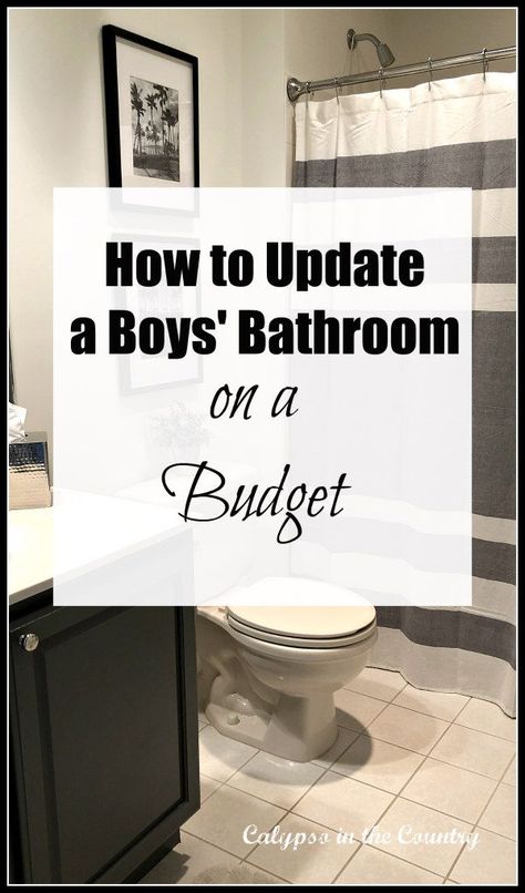 How to decorate a boys bathroom on a budget.  Simple changes using paint and accessories to transform an outdated kids bathroom to a sophisticated teen boys bathroom!  #boysbathroom #bathroomideas #bathroommakeover #makeover #makeoverideas #beforeandafter Small Male Bathroom Ideas, Teen Boys Bathroom Shower Curtain, Youth Bathroom Ideas, Guy Bathroom Decor, Man’s Bathroom, Shared Bathroom Ideas For Teens, Teen Boy Bathroom Decor, Young Adult Bathroom Ideas, Kids Bathroom Inspiration