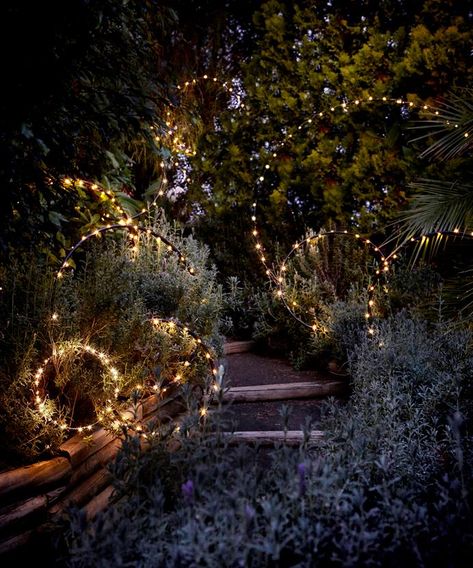 If you’re looking for a quick and affordable way to jazz up your backyard, try your hand at one (or all) of these whimsical lighting ideas to illuminate your outdoor space. Apartment Hacks, Outdoor Fairy Lights, Backyard Lighting, Moon Garden, Night Garden, Have Inspiration, Magical Garden, Flowers Wallpaper, Garden Cottage