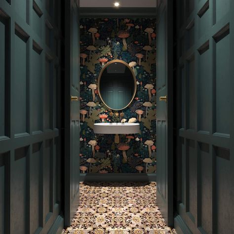 Modern Powder Rooms ideas and Design Inspiration 2024 Small Moody Powder Room Ideas, Statement Half Bath, Dark Wallpaper In Powder Room, Modern Wallpaper Powder Room, Dark Wallpaper Bathroom, Cool Powder Room, Dark Half Bathroom, Bold Powder Room Ideas, Dark Moody Powder Room