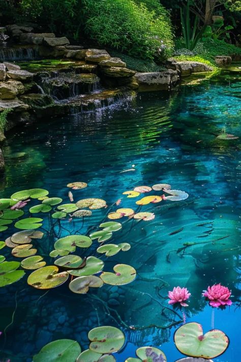 How To Make Your Pond Water Blue - Water Garden Advice Blue Pond Aesthetic, Nature Photography Water, Lotus Pond Garden, Fantasy Fountain, Clear Pond Water, Aesthetic Pond, Pond With Lily Pads, Beautiful Ponds, Water Reference