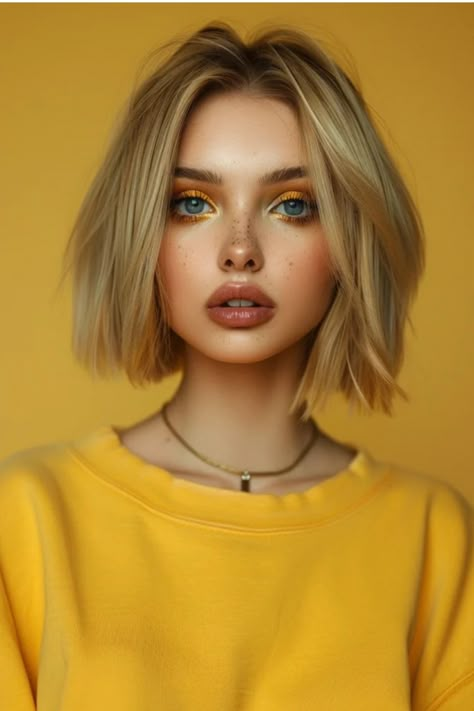 Young woman with striking amber eyes and freckles, wearing a yellow top against a matching yellow background. Trendy Womens Haircuts, Lashes Done, Chin Length Cuts, Chin Length Haircuts, Chin Length, 100 Heads, Chin Length Hair, Face Drawing Reference, Portrait Reference