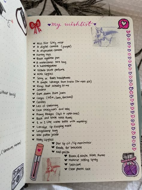 Birthday List Aesthetic Journal, Wishlist Drawing Ideas, Wish List Journal Ideas, Bujo Wishlist Ideas, What To Write In My Journal, Journal Ideas Wishlist, What To Put In My Journal, Wishlist Ideas Aesthetic Journal, Journal Wishlist Ideas