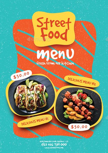 Street Food Menu Preview - GraphicRiver Street Menu Design, Product Menu Design, Food Posts Design, Street Food Poster Design, Food Creative Posters, Poster Menu Design, Creative Food Menu Design Ideas, Street Food Logo Design Ideas, Menu Creative Design