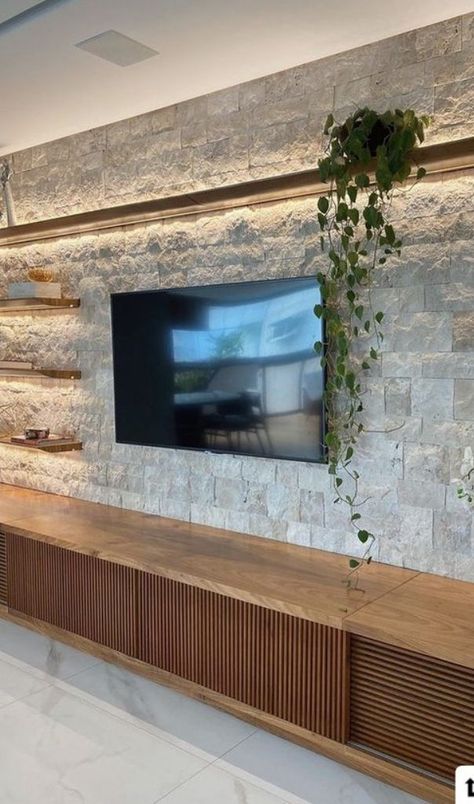 Tv Wall Decor Stone, Decorative Stone Tv Wall, Brick Wall Tv Unit Design, Stone Wall With Tv, Stone Wall Tv, Stone Tv Unit, Tv Wall Stone, Stone Tv Wall, Stone Walls Interior