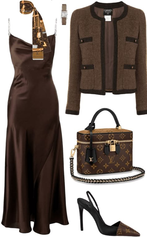 Chic Brown Outfit, Brown Elegant Outfit, Brown Dress Black Women, Dark Brown Outfits For Women, Dark Brown Dress Outfit, Brown Dress Outfit Formal, Brown Classy Outfit, Brown Dress Outfit Ideas, Outfit Ideas Elegant Chic