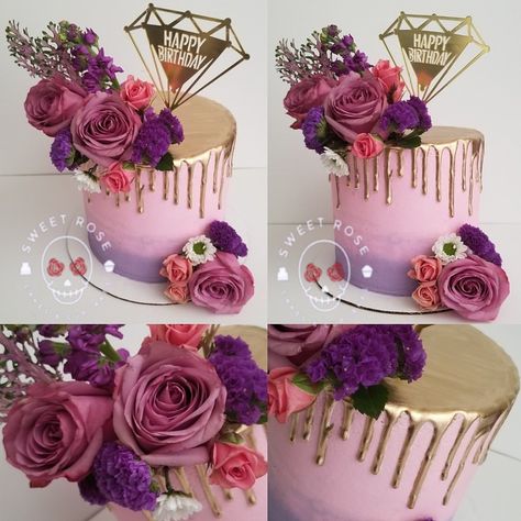 Pink purple gold drip cake Pink Purple And Gold Birthday Cake, Pink Purple And Gold Birthday Party, 50th Birthday Cake For Women Purple, Pink And Purple Birthday Cake For Women, 33rd Birthday Cake For Women, 34th Birthday Cake For Women, 33 Birthday Cake For Women, 34 Birthday Cake For Women, Purple Birthday Party Ideas For Women