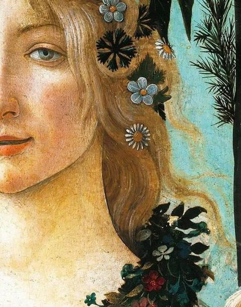 Primavera (detail) ~ Sandro Botticelli (c.1486) Sandro Botticelli, Flowers In Her Hair, Her Hair, A Woman, Flowers, Hair