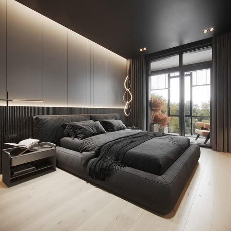 Guest Bedroom on Behance Luxury Black Bedroom, Simple Bed Designs, Black Bedroom Design, Wooden Bed Design, Bunk Bed Designs, Modern Luxury Bedroom, Bed Design Modern, Luxury Bedroom Design, Black Bedroom